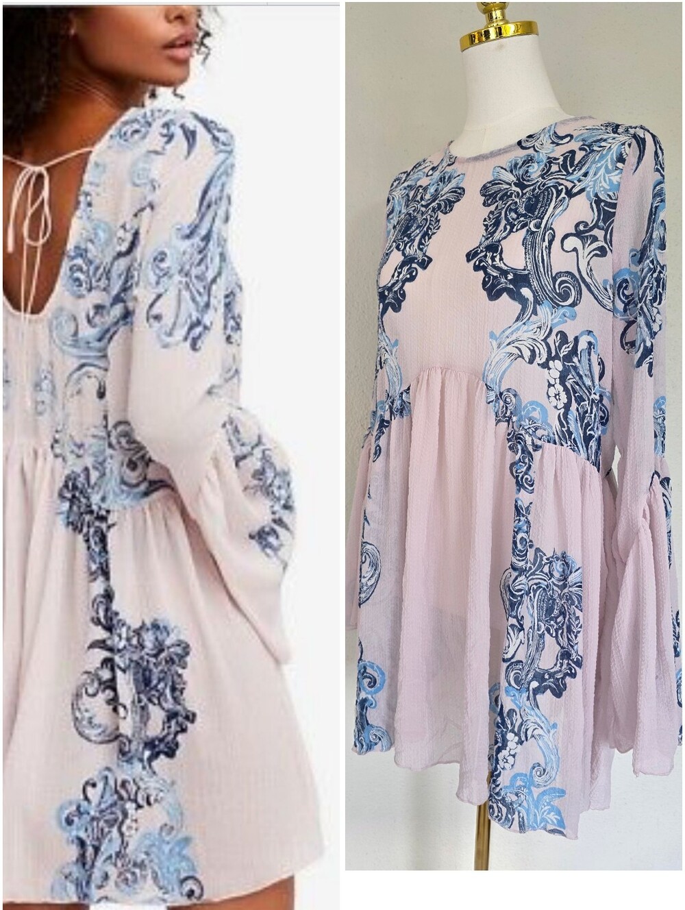 Free People Symphony Slip Tunic Sheer Oversized Petal Pink Blue Bell Sleeve XS